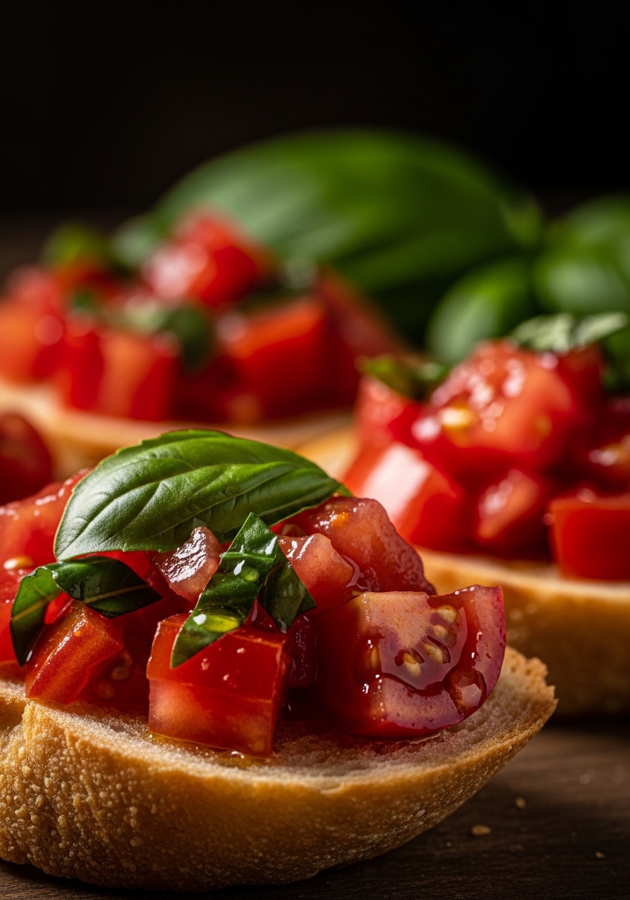 Primo piano di bruschetta con pomodori succosi e basilico fresco