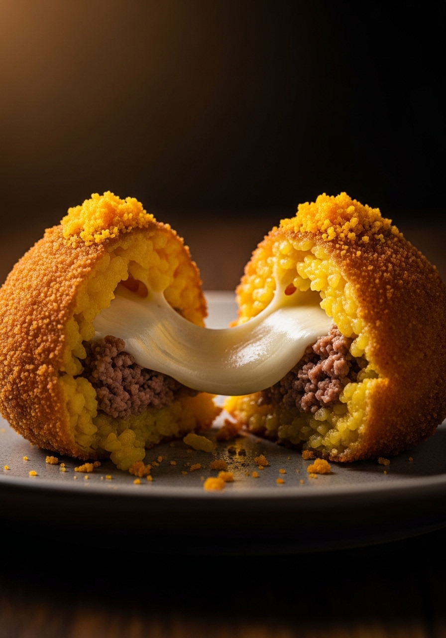 Arancino tagliato a metà che rivela la mozzarella fusa e il ripieno di ragù di carne