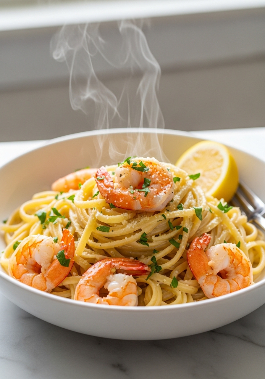 Pasta cremosa ai gamberi con burro e aglio