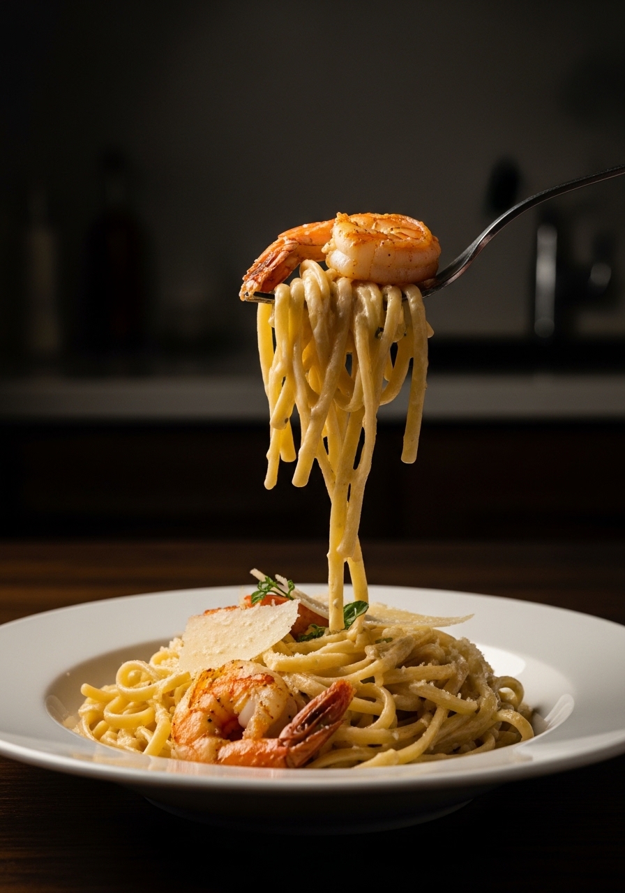 Primo piano forchetta che avvolge pasta cremosa ai gamberi con salsa burro e aglio