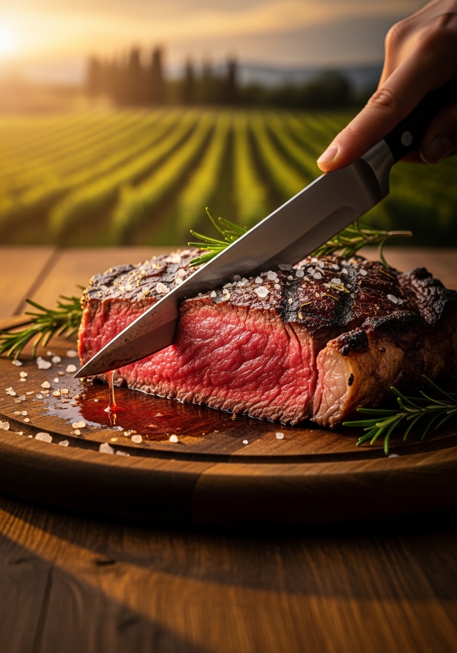 Bistecca alla fiorentina su brace di legna con crosticina bruna perfetta, ancora al sangue al cuore, su tagliere di legno