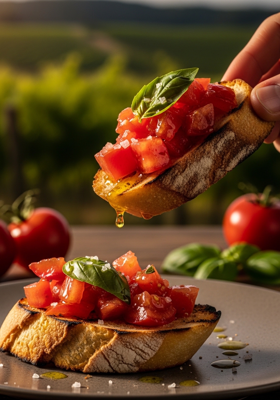 Bruschetta al pomodoro su tagliere di legno, con cubetti di pomodoro rosso maturo, basilico fresco e filo di olio EVO