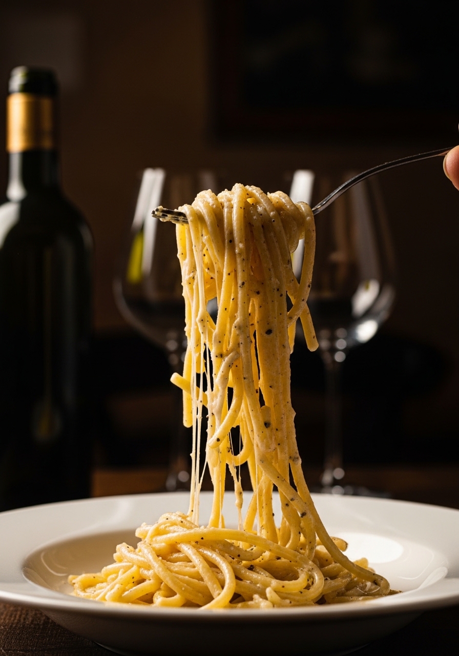 Primo piano di pasta cacio e pepe con salsa al Pecorino lucida e pepe nero macinato