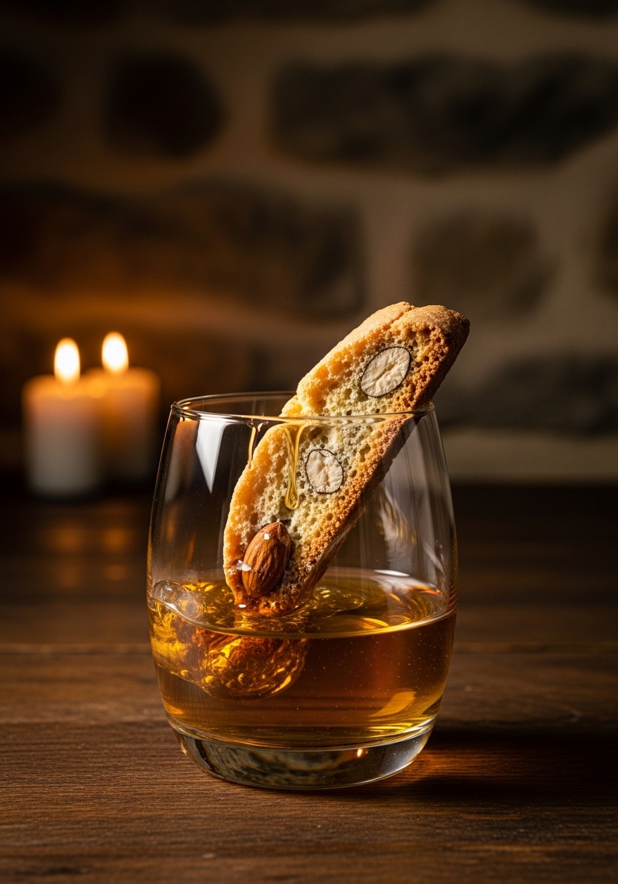Cantucci toscani dorati in un sacchetto di carta kraft con un bicchiere di Vin Santo toscano accanto