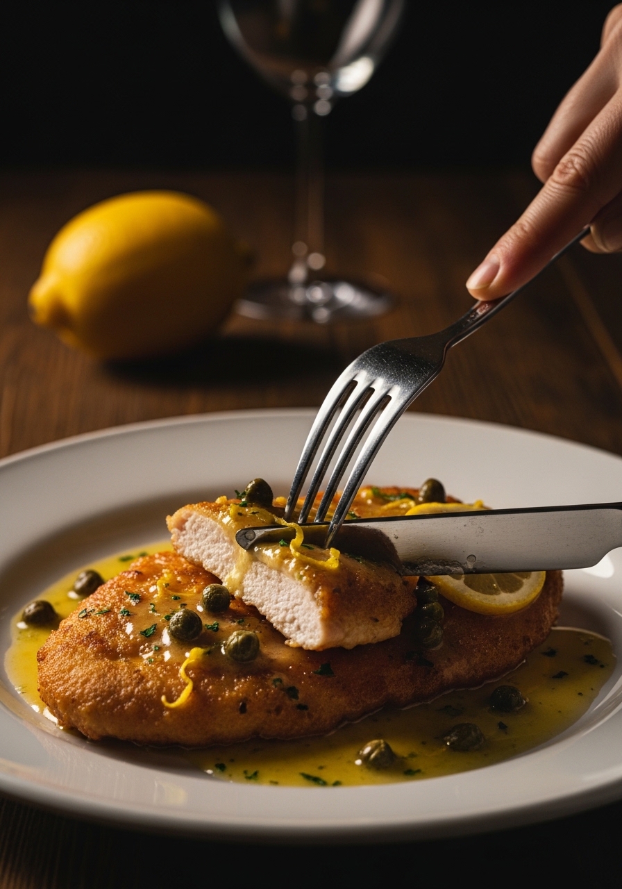 Fettine di pollo alla piccata nella salsa al burro, limone e capperi con prezzemolo fresco e fette di limone