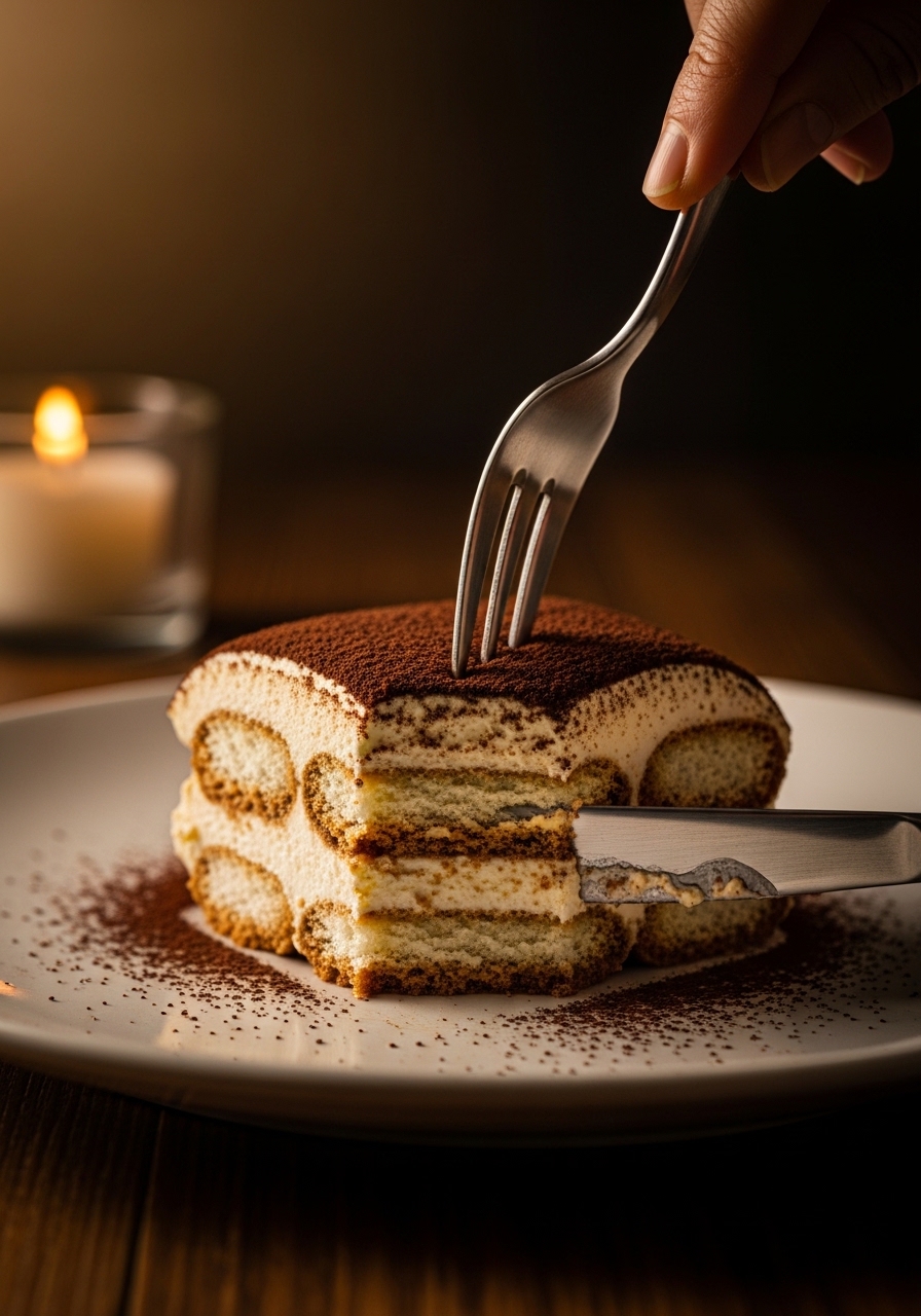 Tiramisù affettato che mostra i perfetti strati di crema al mascarpone e savoiardi imbevuti di espresso