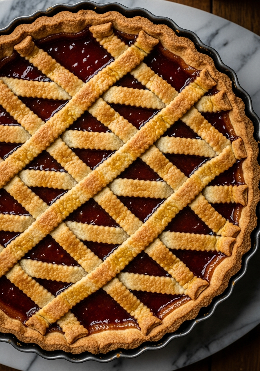 Crostata di marmellata di albicocche appena sfornata con reticolo di pasta frolla dorata e croccante su piatto di ceramica bianca
