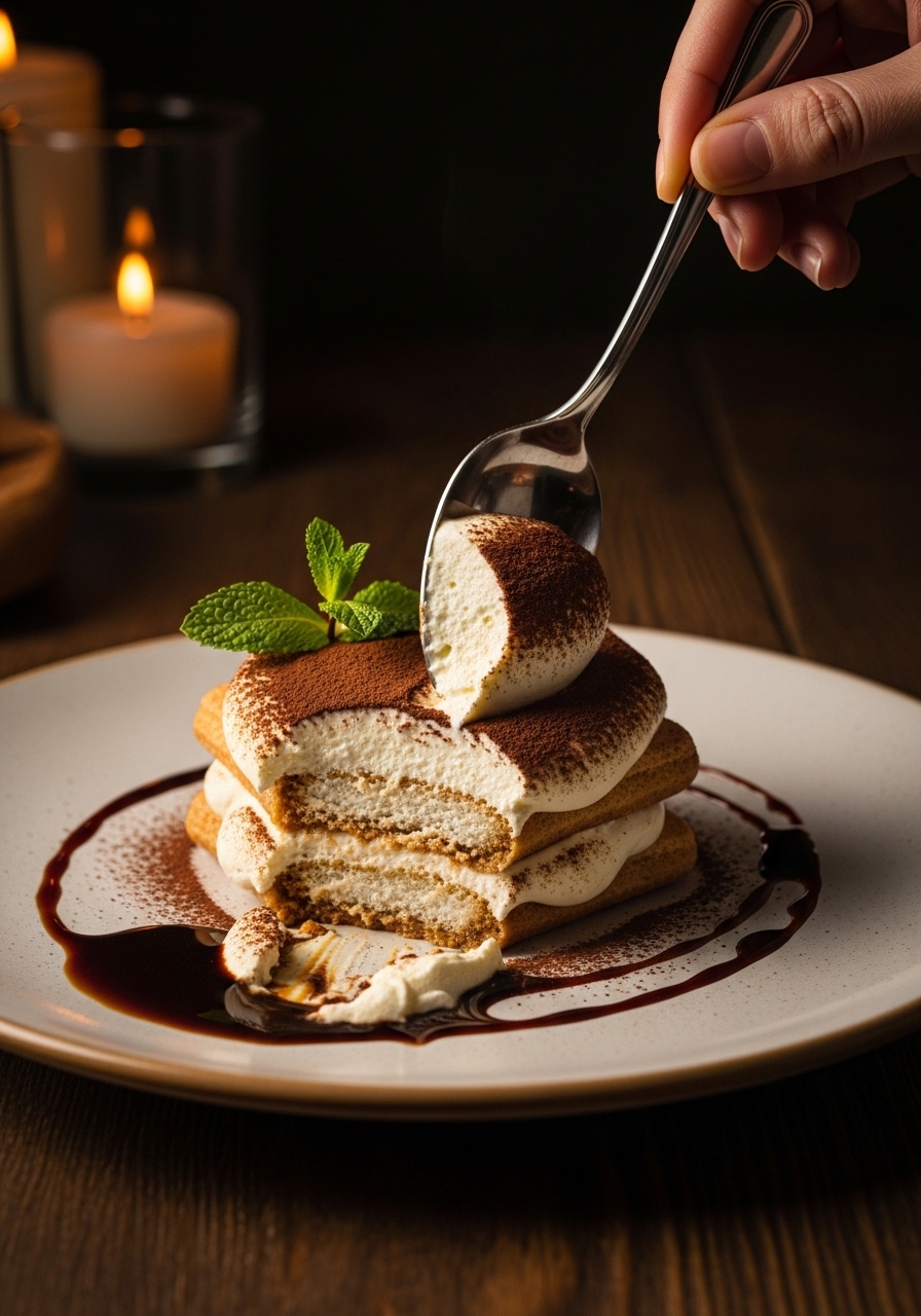 Porzione individuale di tiramisù con forchetta che taglia gli strati