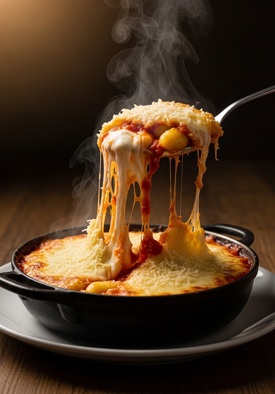Gnocchi alla sorrentina gratinati in teglia di ceramica, con mozzarella filante e Parmigiano dorato e croccante in superficie