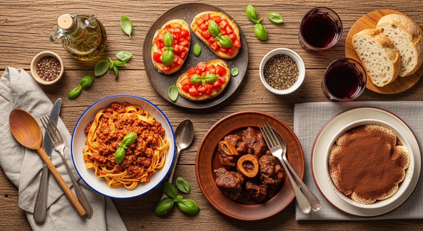 Tavola italiana con pasta, bruschetta, tiramisù e ossobuco