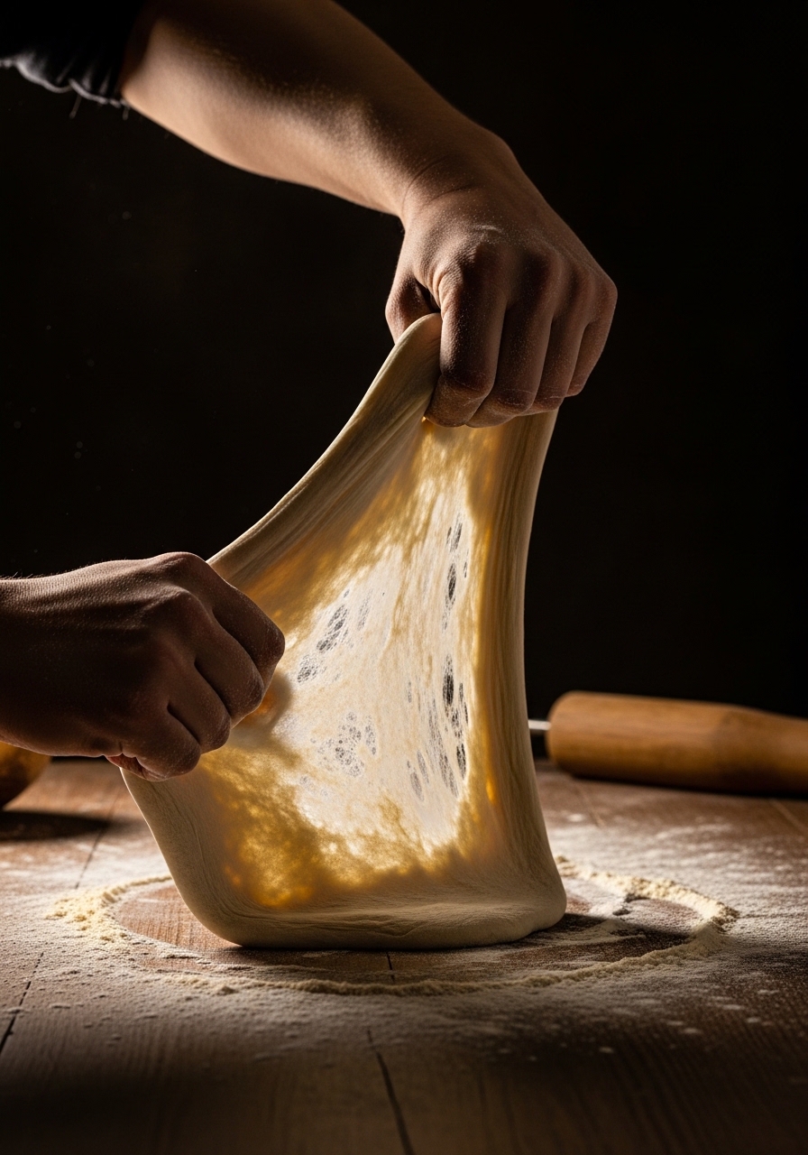 Mani che stendono l'impasto per pizza fatto in casa mostrando la perfetta struttura del glutine