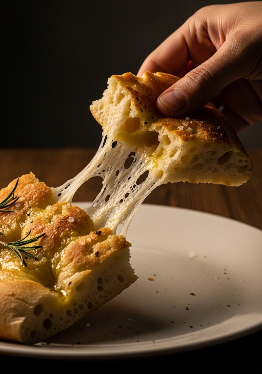 Primo piano di focaccia dorata con fossette croccanti colme di olio extravergine e sale in scaglie
