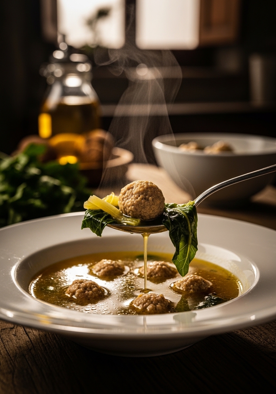Ciotola di minestra maritata con piccole polpettine, spinaci e pasta in brodo dorato