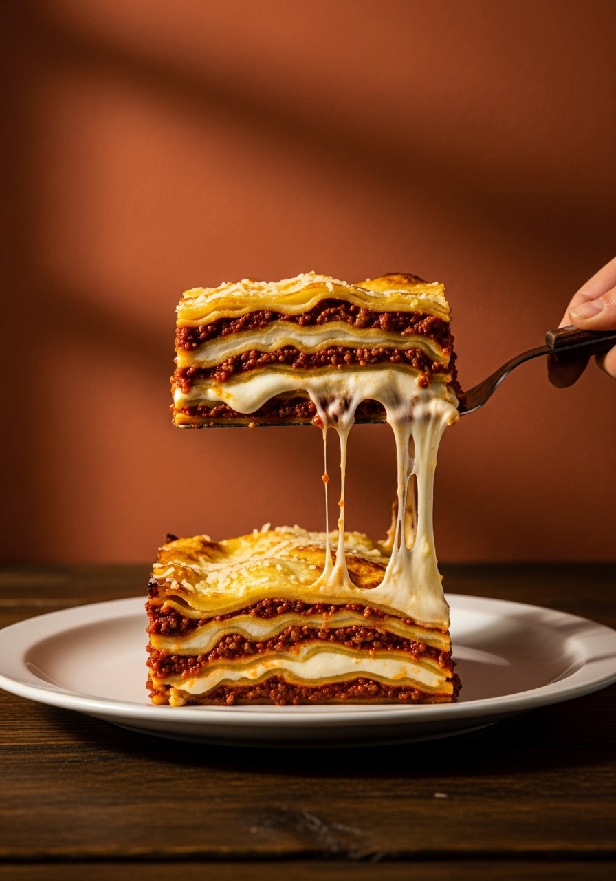Lasagne al forno bolognesi tagliate nella teglia mostrando gli strati di ragù, besciamella dorata e Parmigiano gratinato