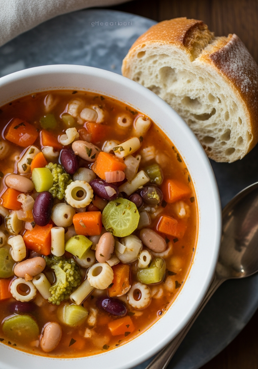 Minestrone visto dall'alto con verdure colorate