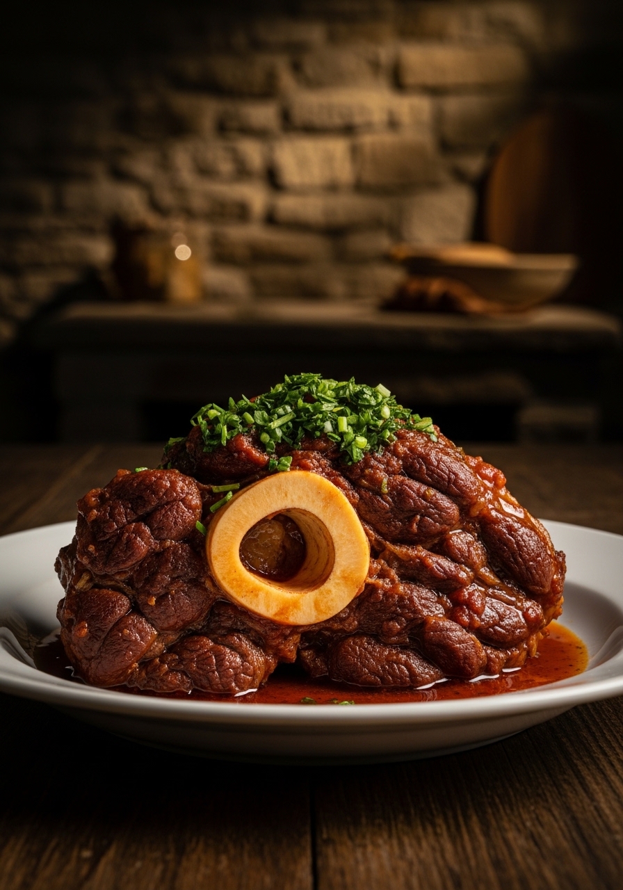 Ossobuco alla milanese con gremolata di limone e prezzemolo nel piatto fondo, con il midollo dell'osso a vista