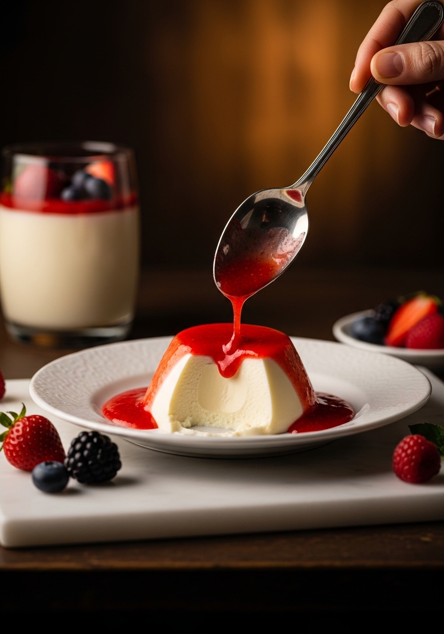 Panna cotta sformata nel piatto con salsa di fragole fresche e guarnizione di menta