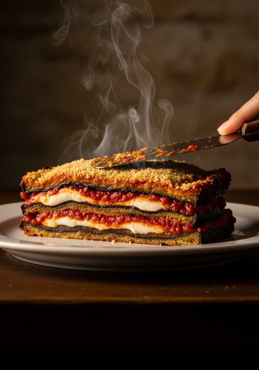 Parmigiana di melanzane napoletana tagliata in porzione nel piatto bianco mostrando gli strati di melanzane fritte e mozzarella fusa