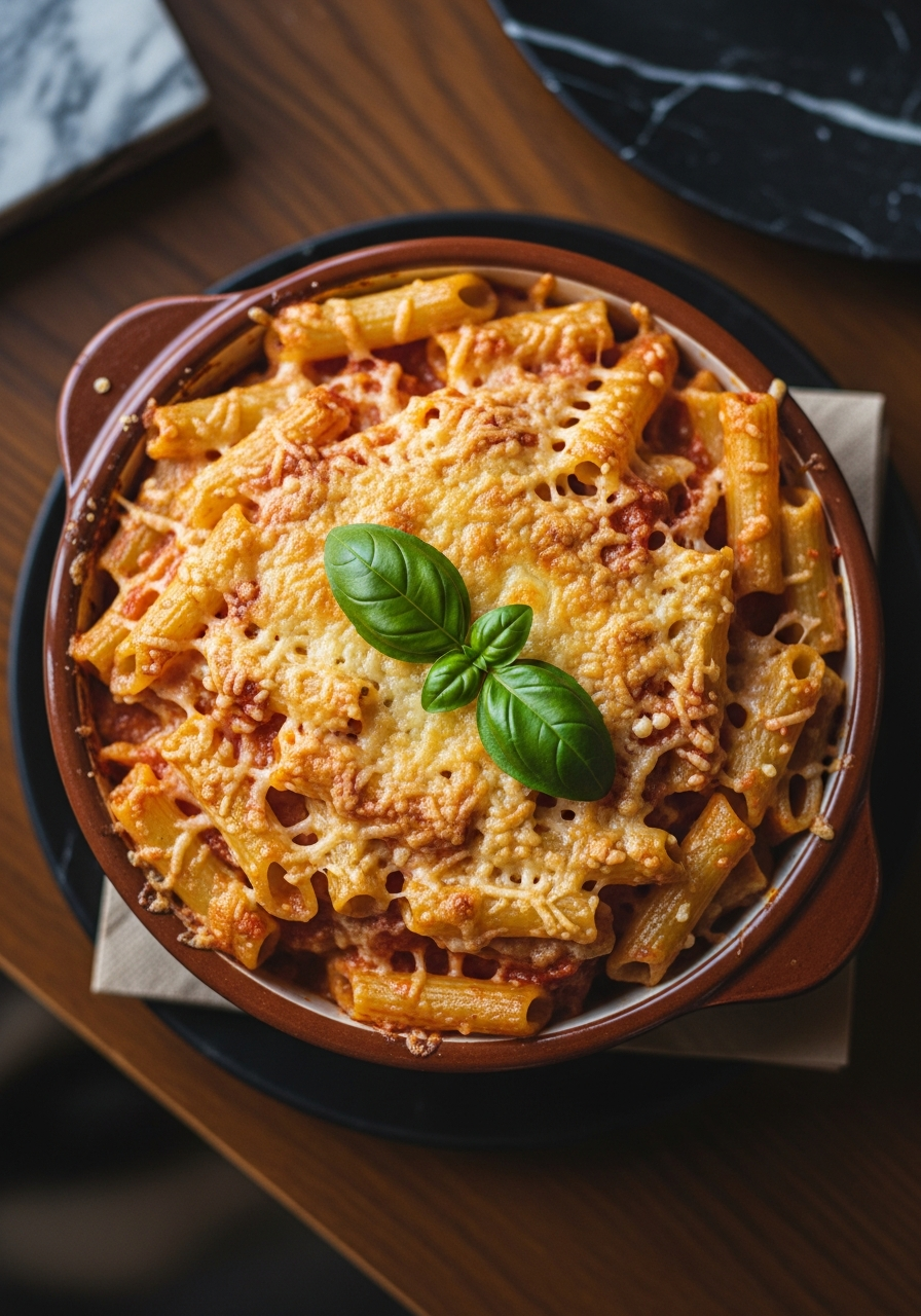 Pasta al forno napoletana gratinata appena sfornata, con crosticina dorata e croccante, mozzarella filante e polpettine visibili nel taglio