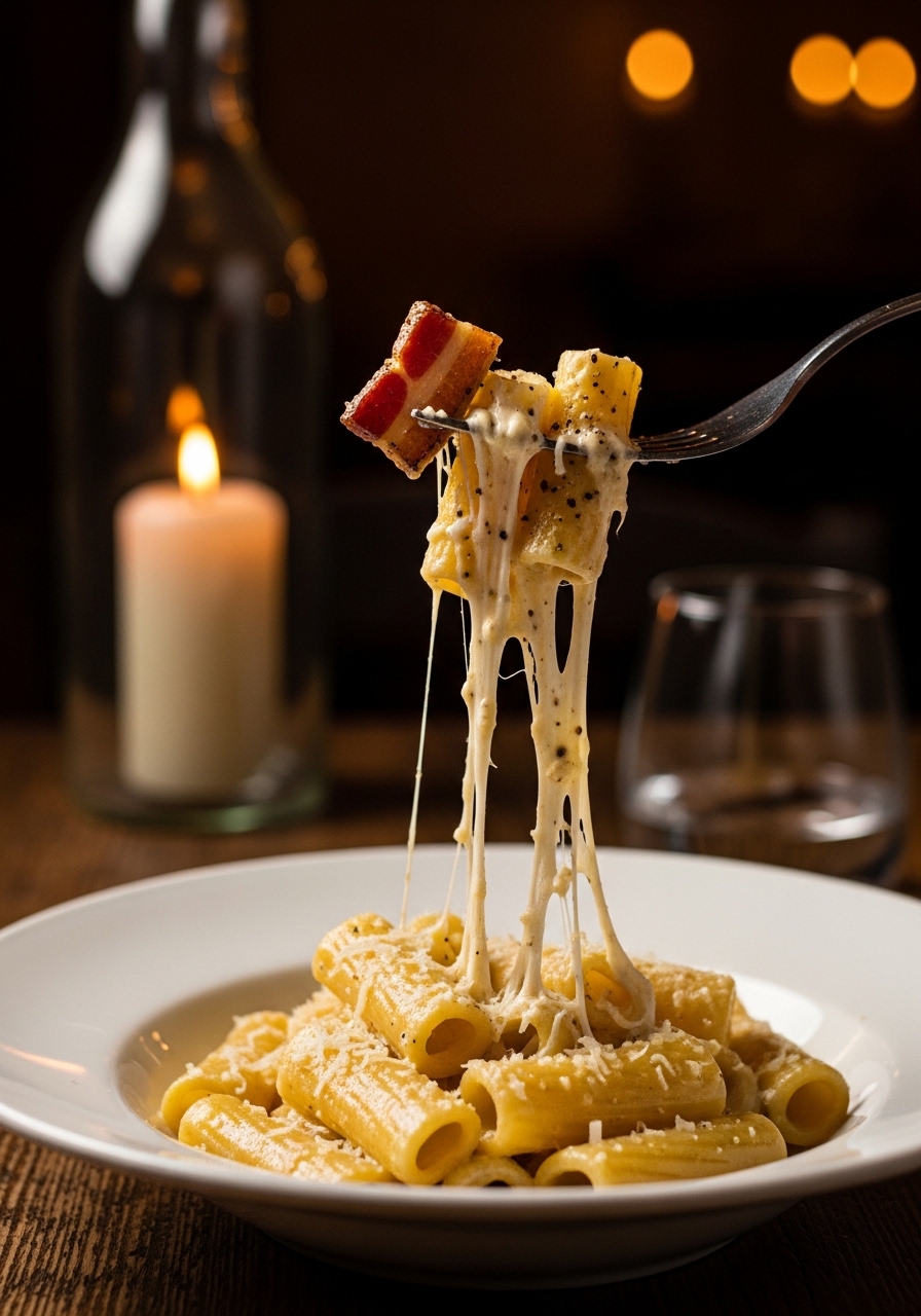 Pasta alla gricia con rigatoni al dente, guanciale croccante dorato e crema avvolgente di Pecorino Romano nella padella