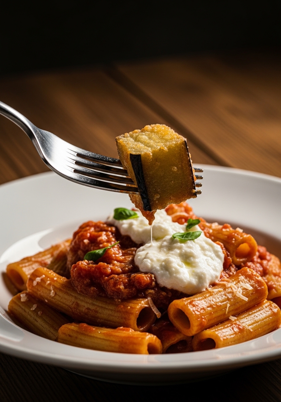 Pasta alla Norma nel piatto: rigatoni con melanzane fritte lucide, sugo di pomodoro rosso brillante e neve di ricotta salata grattugiata