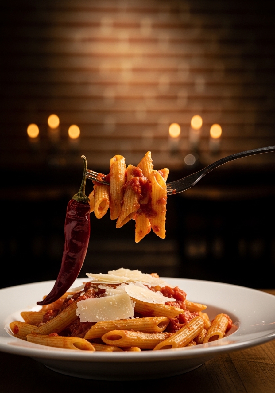 Penne all'arrabbiata nel piatto bianco con sugo di pomodoro rosso intenso, aglio e peperoncino visibili