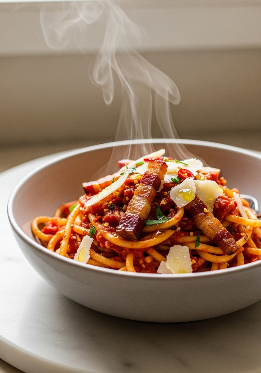 Pasta all'amatriciana con guanciale e pecorino
