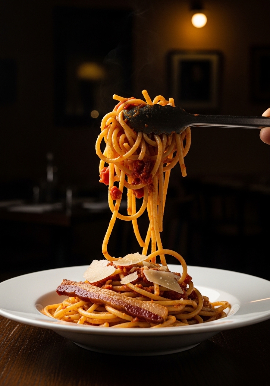Bucatini all'amatriciana con guanciale croccante e Pecorino Romano in una ciotola scura