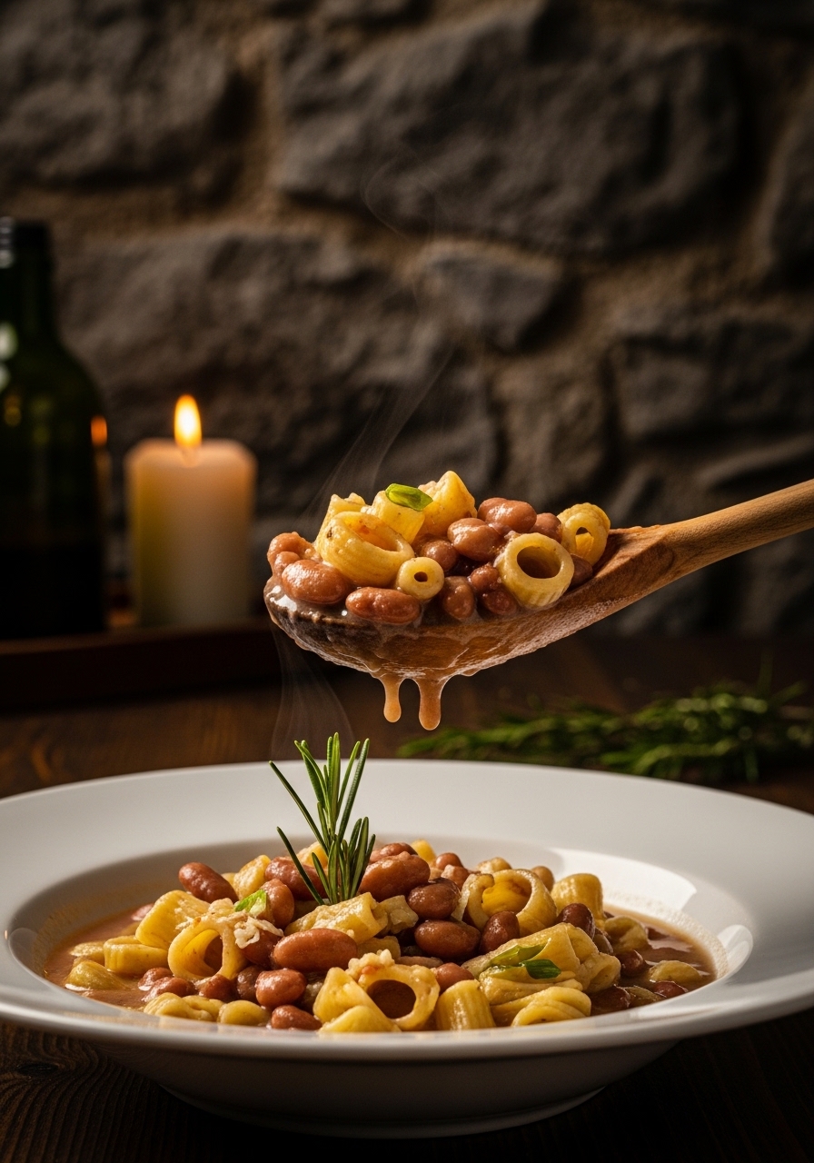 Ciotola fumante di pasta e fagioli napoletana con un filo d'olio extravergine, pepe nero e Parmigiano grattugiato