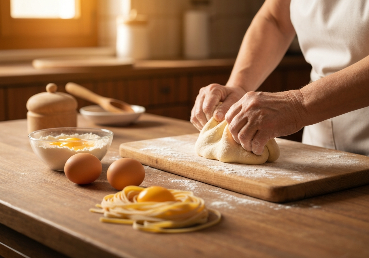 Pasta fresca all'uovo fatta in casa — tagliatelle arrotolate su spianatoia infarinata