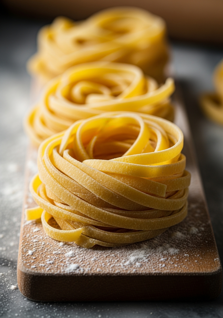 Pasta fresca fatta in casa — tagliatelle all'uovo sul tagliere con farina