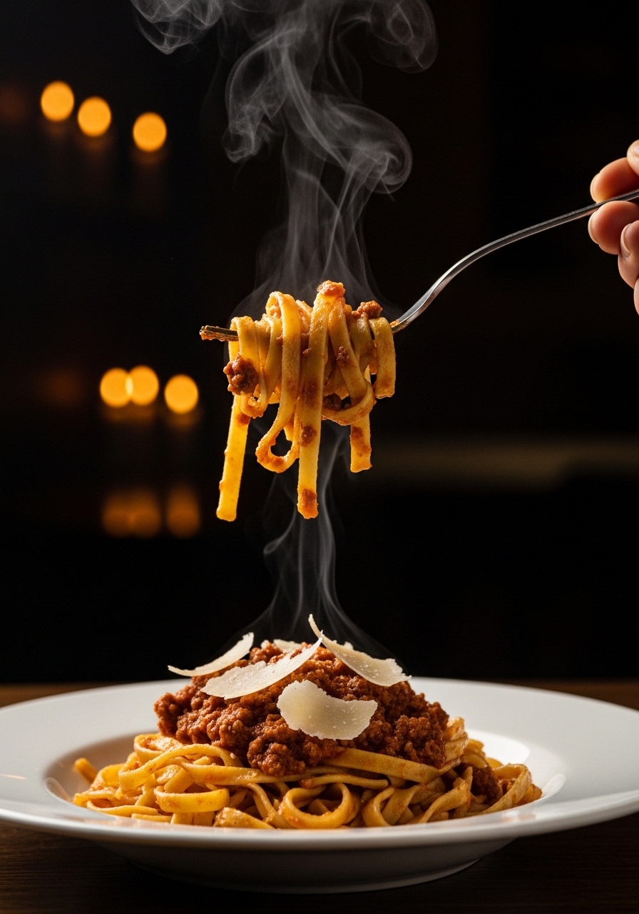 Forchetta che avvolge le tagliatelle al ragù bolognese con parmigiano