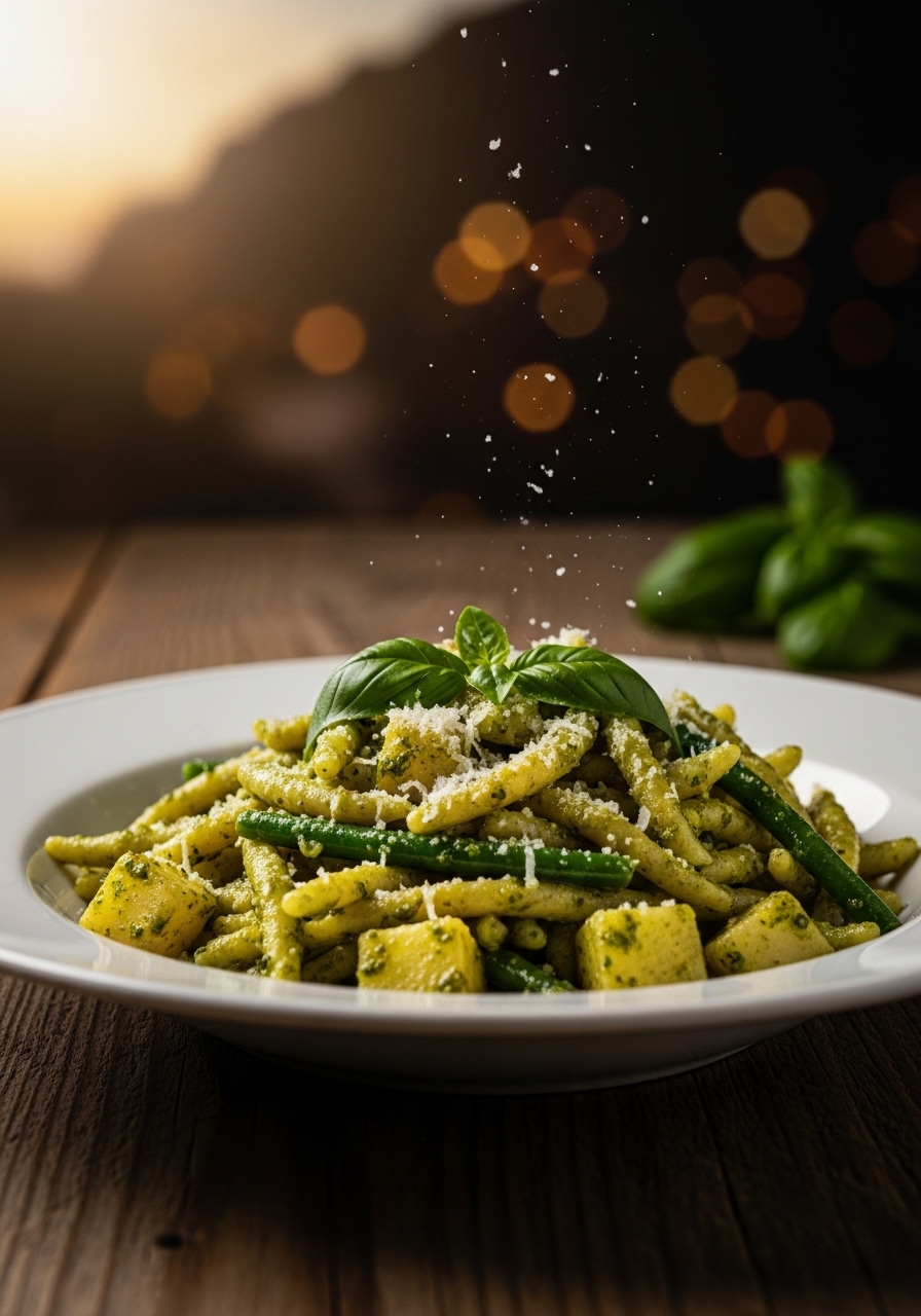 Mortaio di marmo con pesto alla genovese verde brillante, pinoli e foglie di basilico fresco intorno