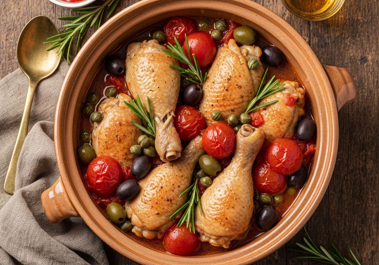 Pollo alla Cacciatora — ricetta tradizionale italiana con olive e pomodoro
