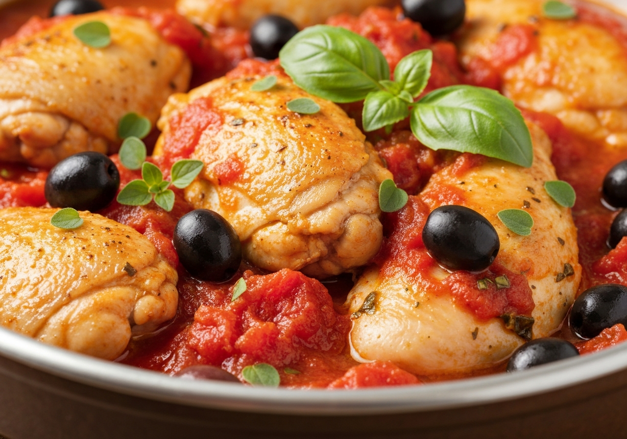 Pollo alla cacciatora pronto nel tegame con olive e pomodoro