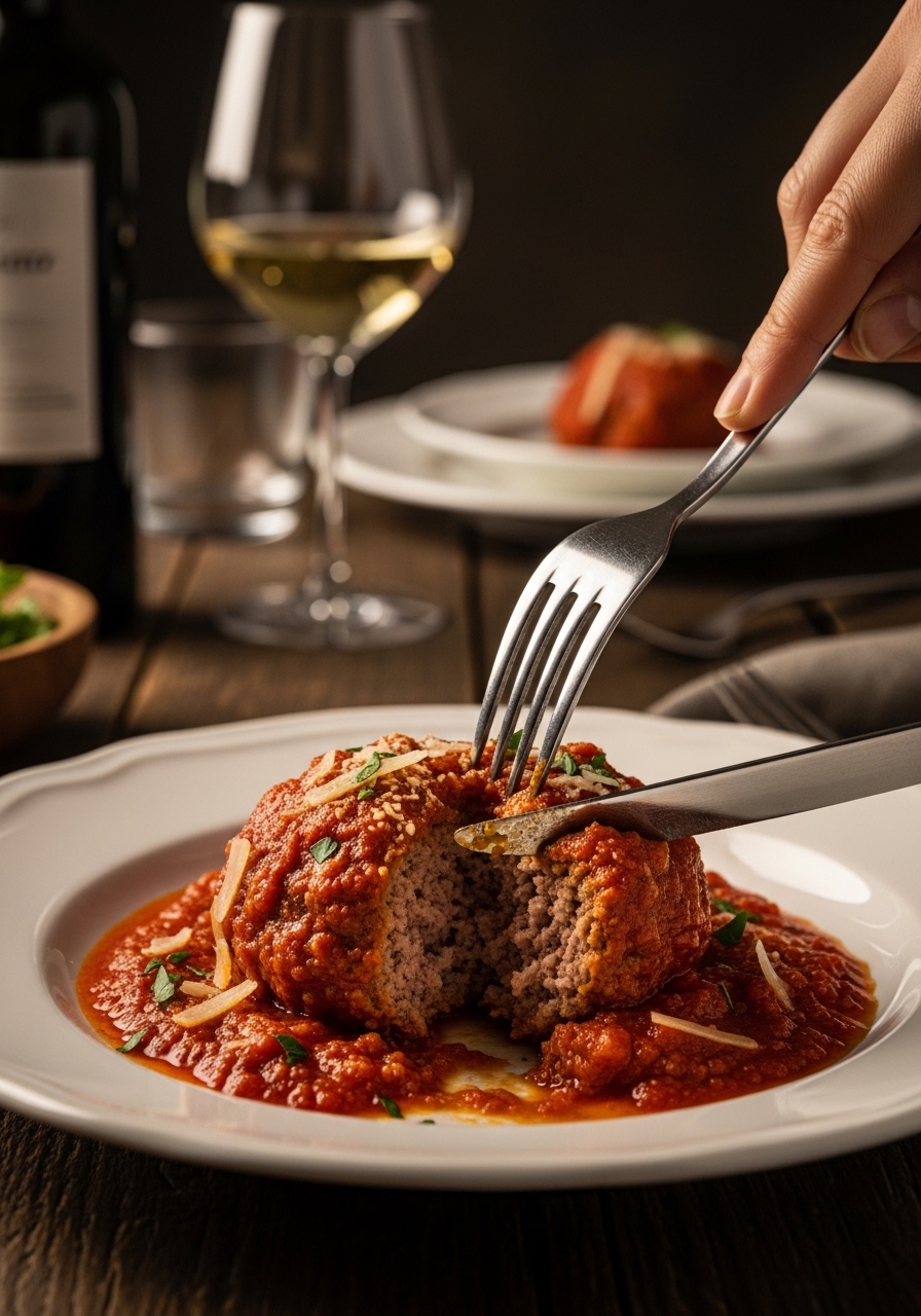 Polpette al sugo di pomodoro in piatto fondo bianco con basilico fresco e Parmigiano grattugiato sopra
