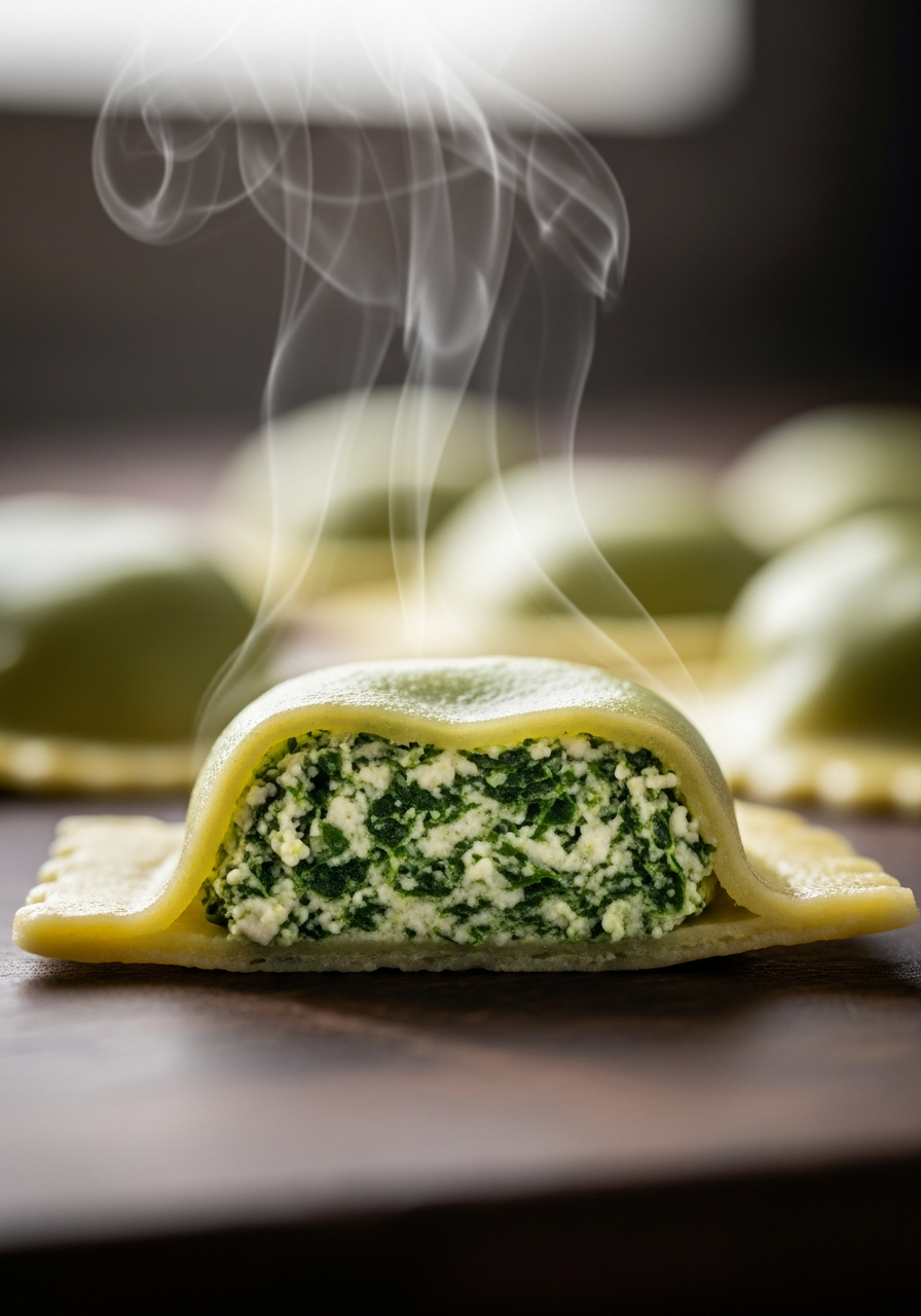Ravioli ricotta e spinaci fatti in casa conditi con burro nocciola e foglie di salvia croccanti, con Parmigiano grattugiato su piatto di ceramica