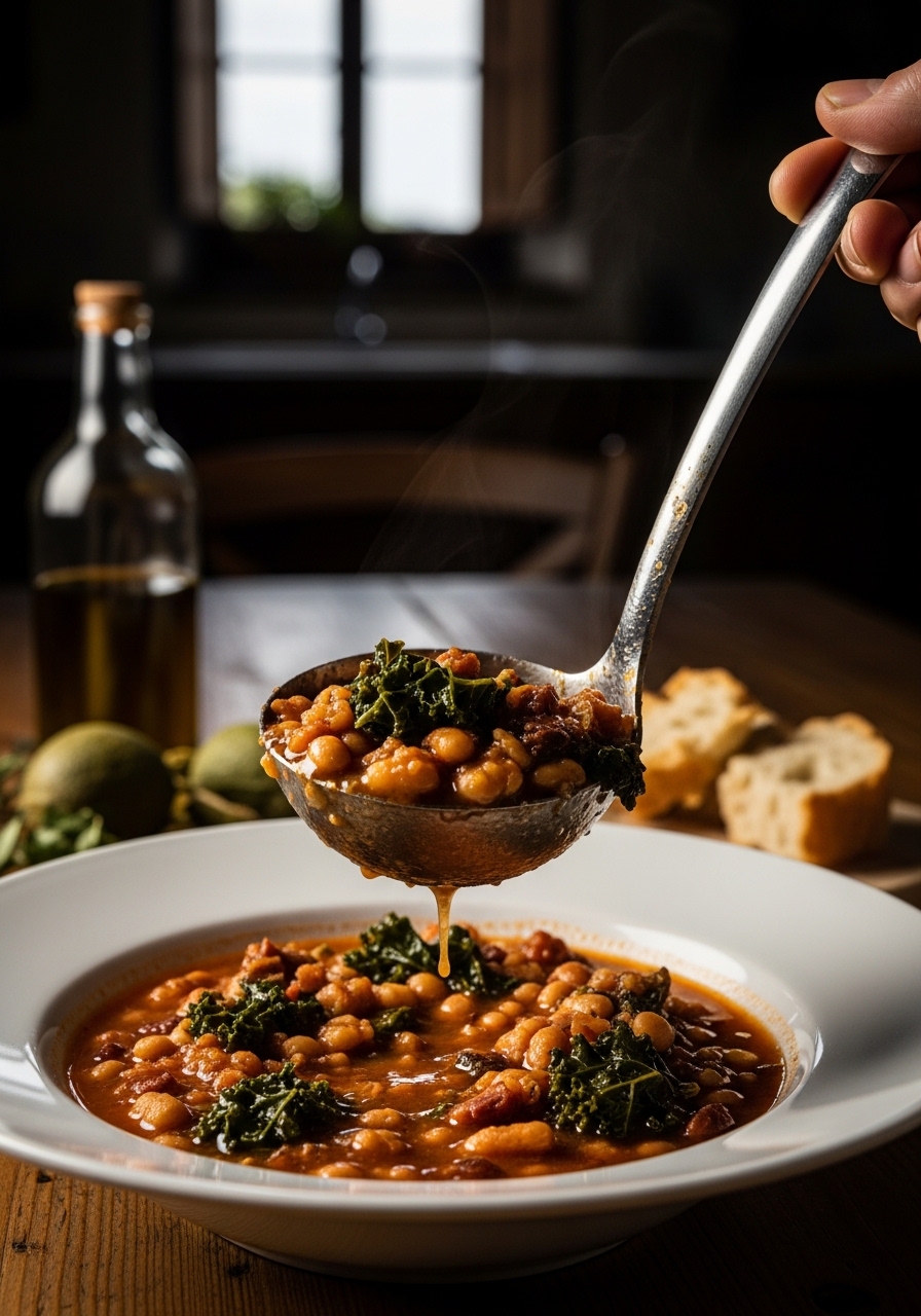 Densa ribollita in una ciotola di terracotta irrorata di olio extravergine d'oliva e Parmigiano