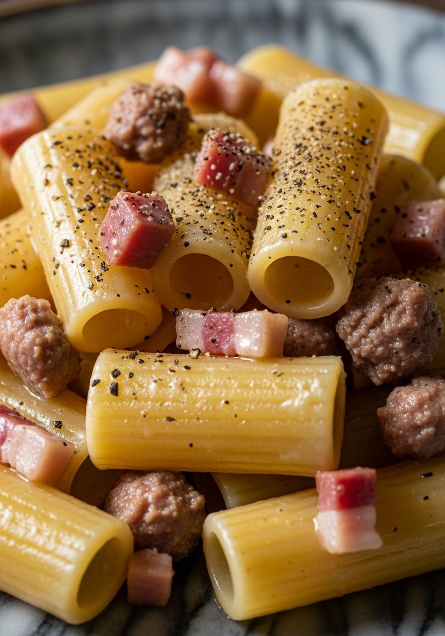 Rigatoni alla Zozzona con guanciale croccante, salsiccia, salsa al pomodoro cremosa all'uovo e abbondante Pecorino Romano su piatto bianco