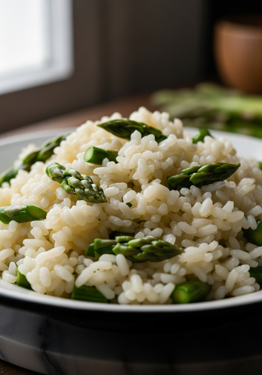 Primo piano del risotto agli asparagi con punte verdi e mantecatura cremosa