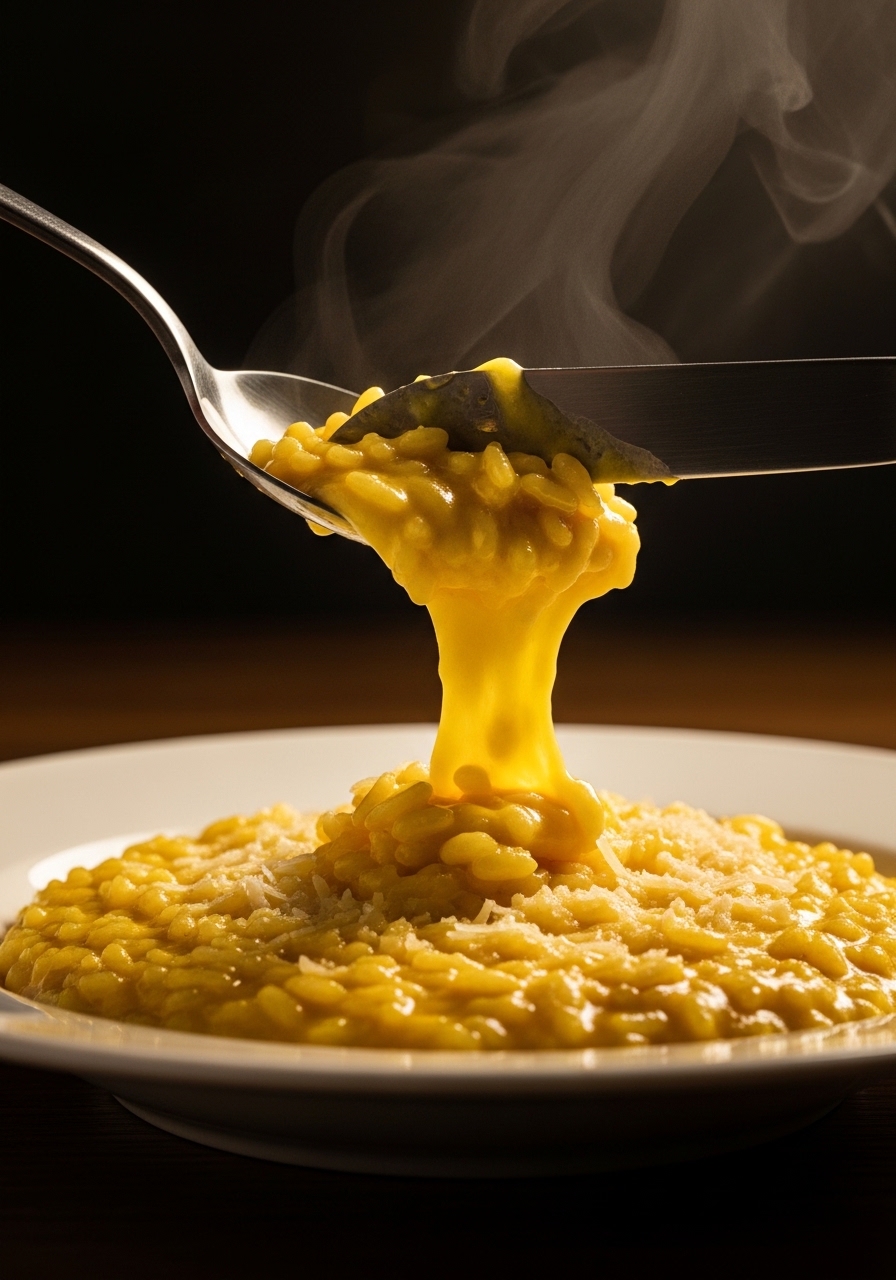 Risotto alla milanese giallo intenso allo zafferano cremoso e lucido nel piatto fondo bianco con Parmigiano grattugiato