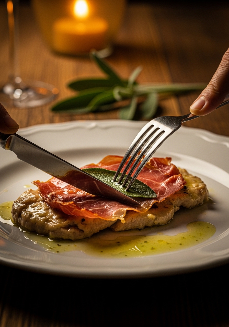 Saltimbocca alla romana nel piatto con prosciutto croccante, salvia fresca e salsina al vino bianco lucida