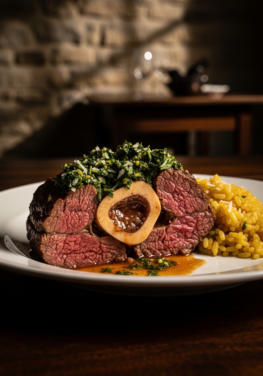 Primo piano della sezione trasversale dell'ossobuco con il midollo fondente e la gremolata