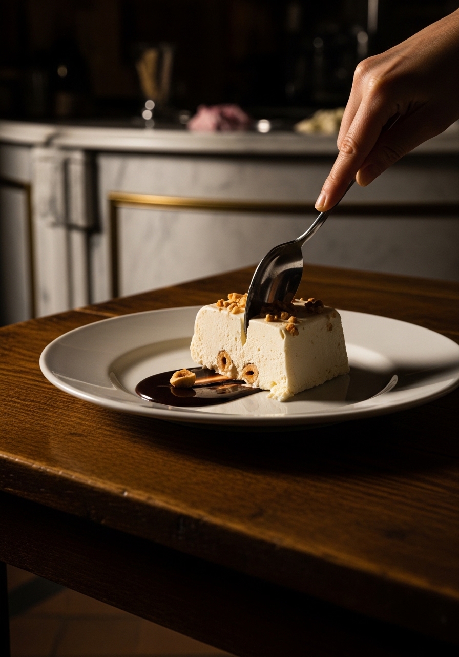 Semifreddo affettato su un piatto di marmo che mostra l'interno cremoso al pistacchio e cioccolato