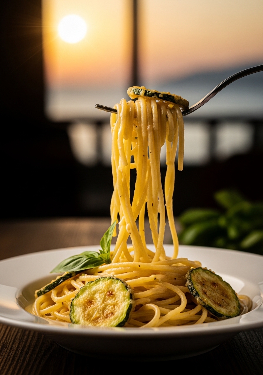 Primo piano degli spaghetti alla Nerano con la crema di Provolone del Monaco vellutata e le zucchine fritte dorate