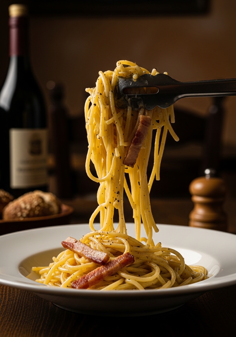 Primo piano di spaghetti alla carbonara autentici con salsa all'uovo setosa e guanciale croccante