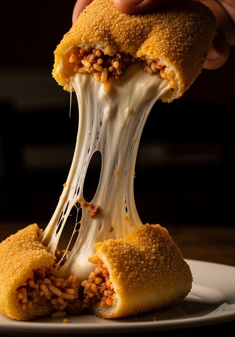 Supplì romano spezzato a metà con il cuore filante di mozzarella che crea il classico 'filo del telefono'