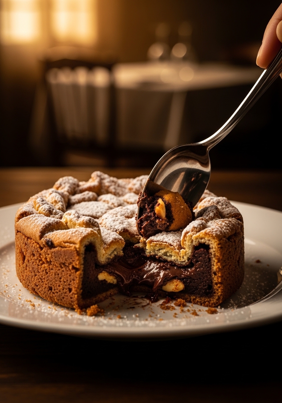 Torta caprese tagliata mostrando il cuore umido e fondente di cioccolato e mandorle, con abbondante zucchero a velo bianco in superficie