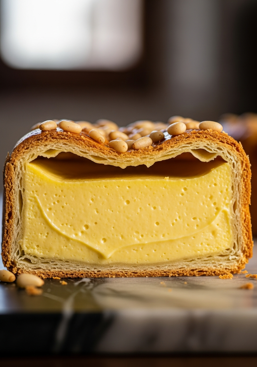 Torta della nonna toscana con pinoli dorati in superficie e fetta tagliata che mostra la crema pasticcera gialla densa su pasta frolla friabile