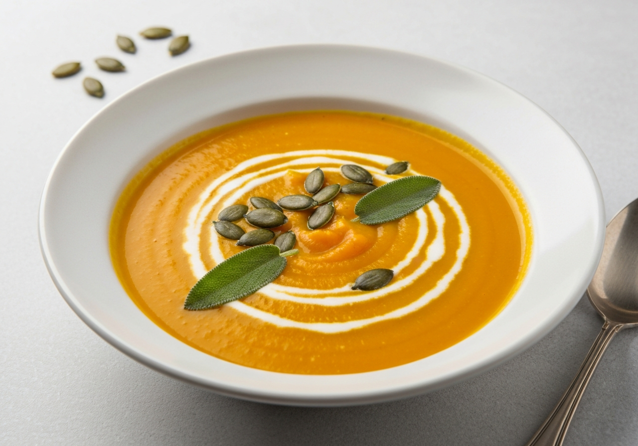 Zuppa di zucca vellutata italiana — servita in ciotola con semi di zucca e filo d'olio